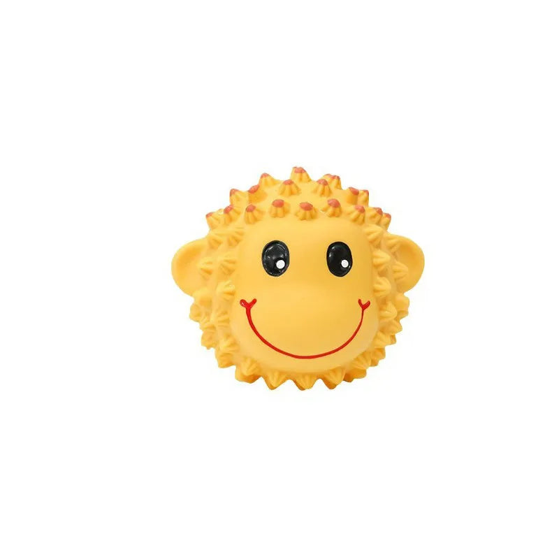 Orange and yellow spiky latex squeaky dog toy for small to medium breeds.