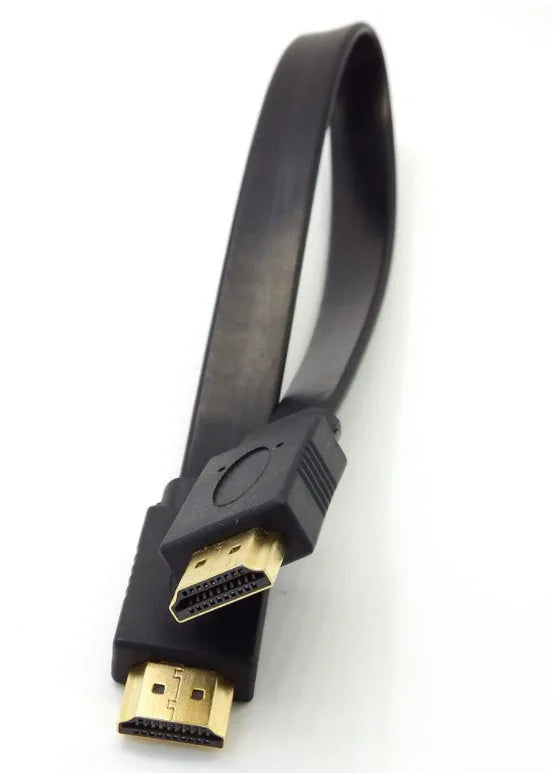 Flat black HDMI cable with male connectors showing length options from 0.3 to 10 metres.