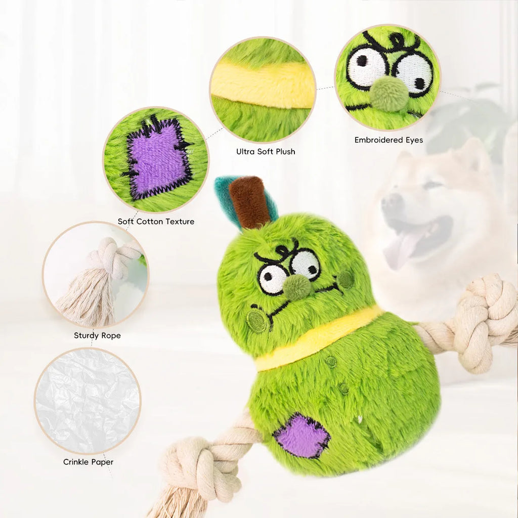 Green and purple interactive dog toy with cotton rope knots and a soft plush centre.