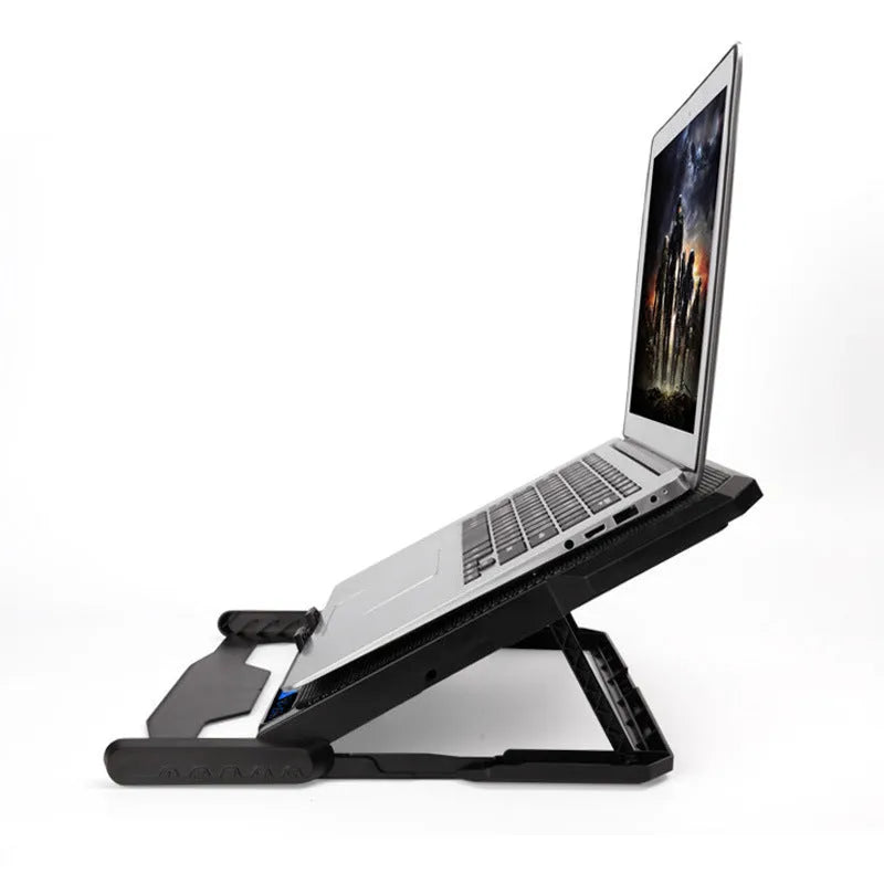 Metal mesh laptop cooling board with LCD display showing speed settings