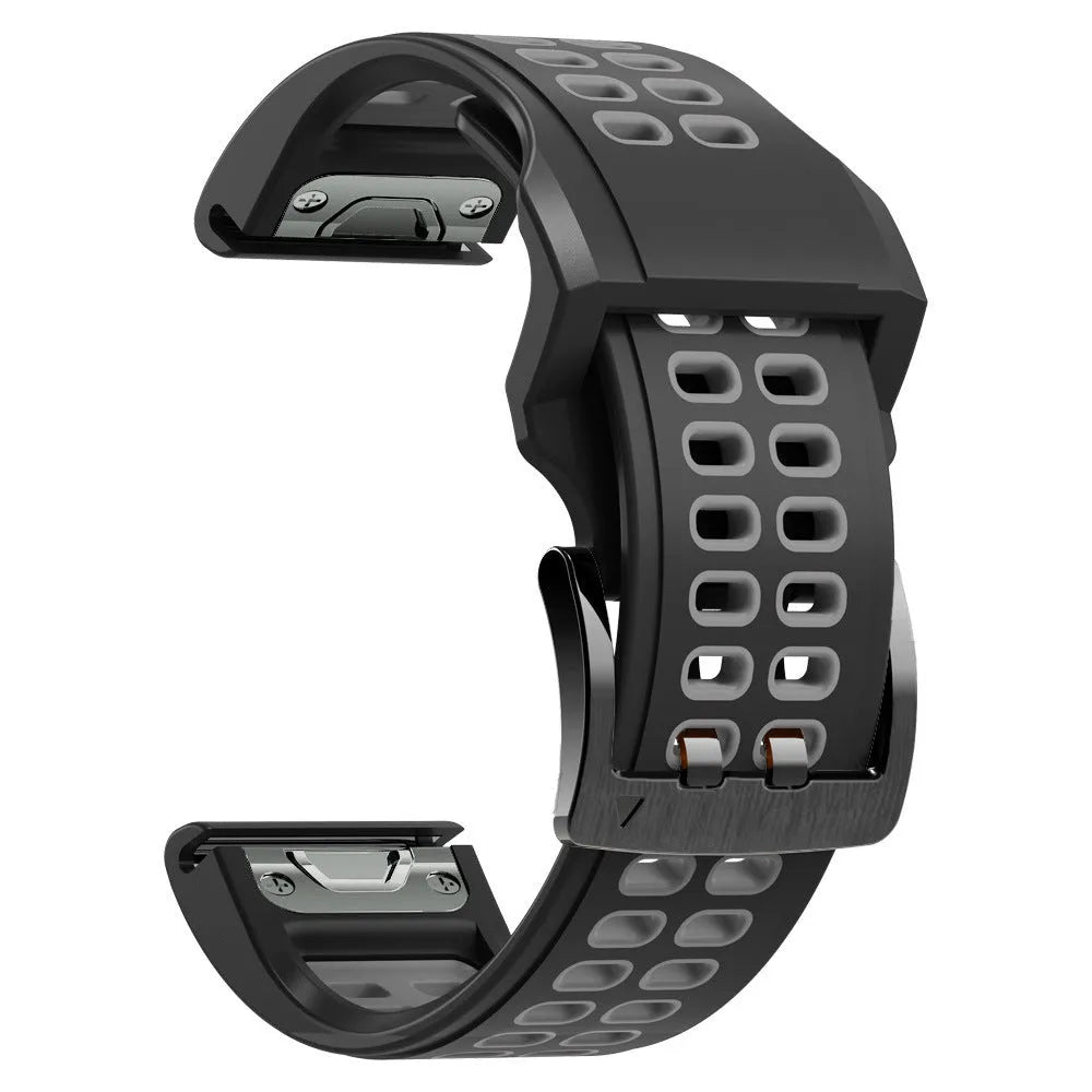 Quick release double row hole silicone watch strap in a two-tone colour on a watch.