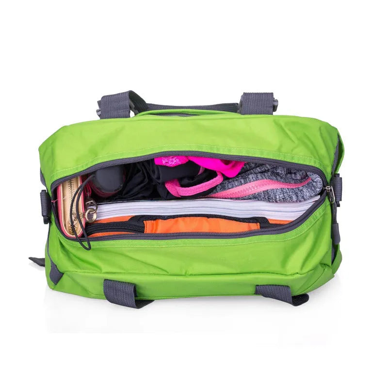 Nylon gym and yoga bag shown in black, available in medium and large sizes.