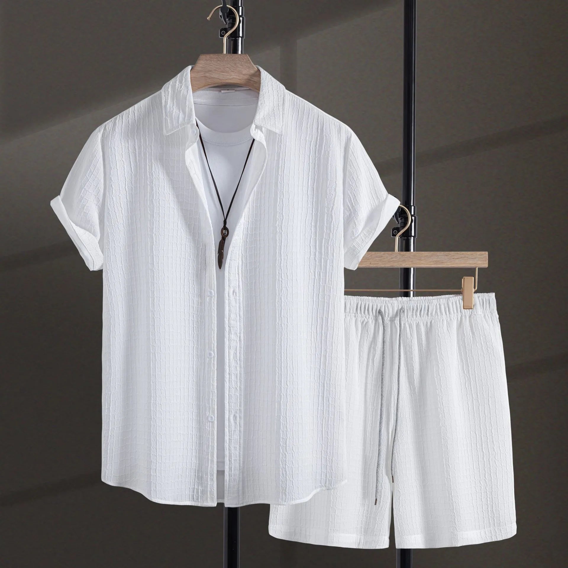 Men's black cotton blend jacquard short sleeve shirt and shorts casual set