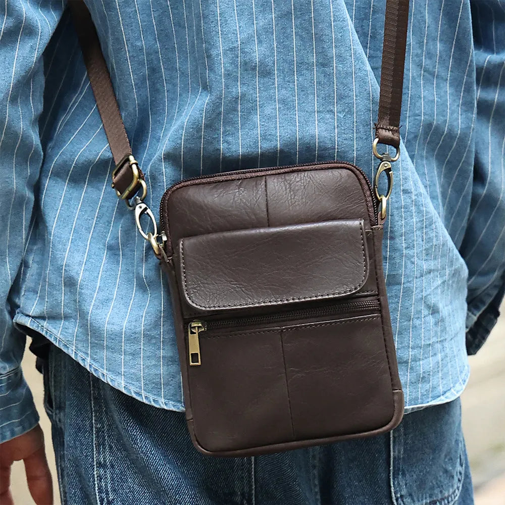 Men's brown genuine leather crossbody shoulder bag with visible stitching details