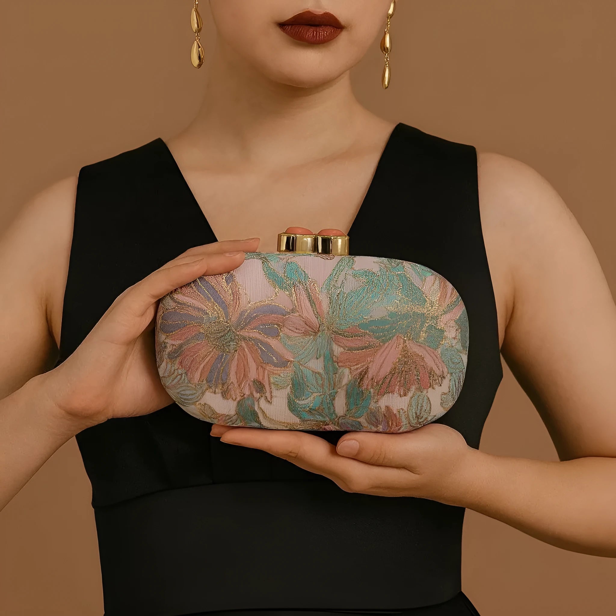 Ladies hard shell oval clutch bag in PU leather with open pocket shown in blue