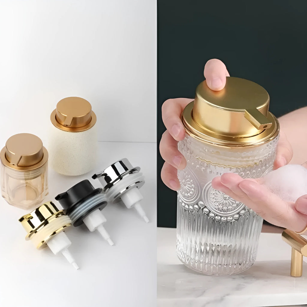 Large plastic foam pump dispenser for facial cleansers in a metallic gold finish