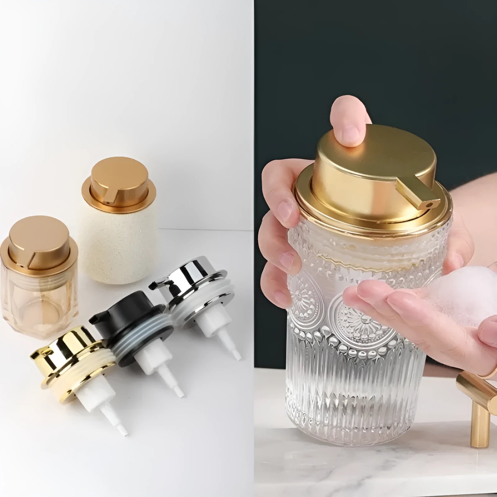 Large plastic foam pump dispenser for facial cleansers in a metallic gold finish