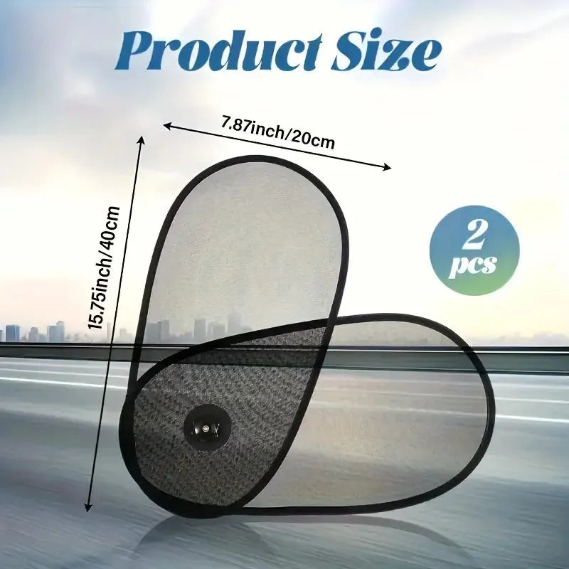 Black breathable car window shade with suction cups attached to vehicle side window