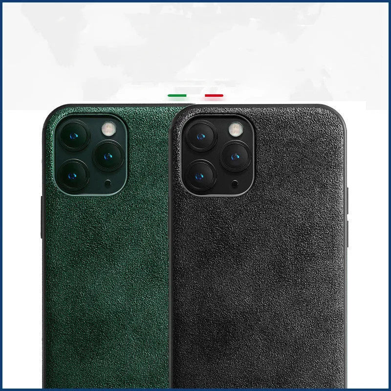 Suede iPhone case showing full-cover design in dark blue colour