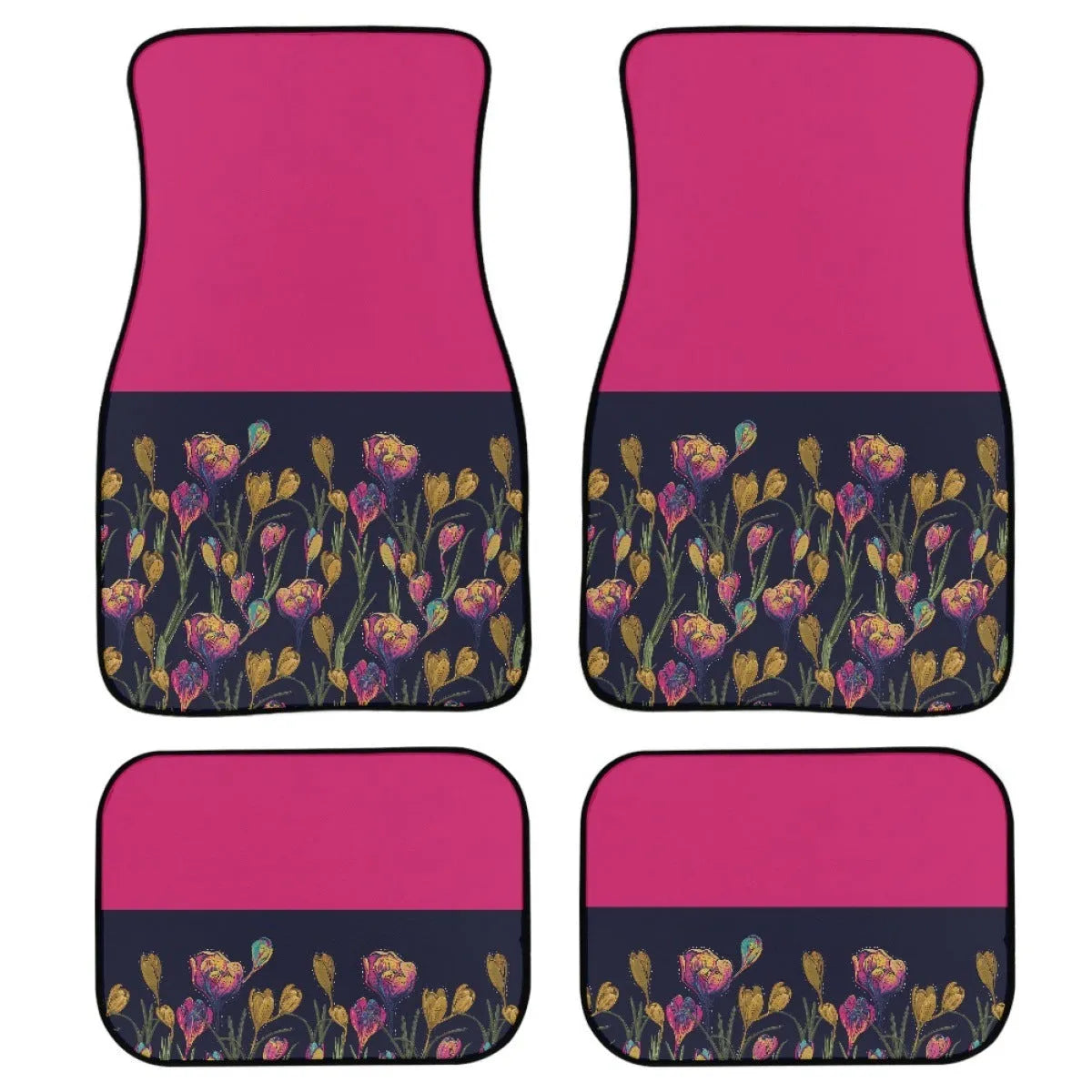 Black printed rubber car foot mat set showing 20mm thickness and waterproof texture for universal vehicle fit