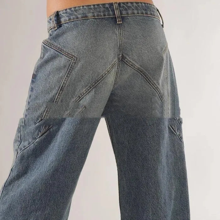 Loose straight wide leg cotton trousers in blue colour with low waist and stitching details