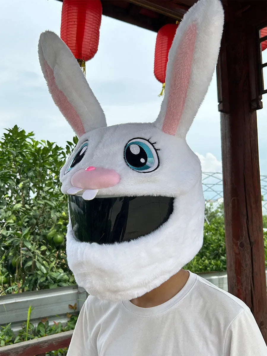 White rabbit head decorative cover for electric motorcycle helmet with long ears
