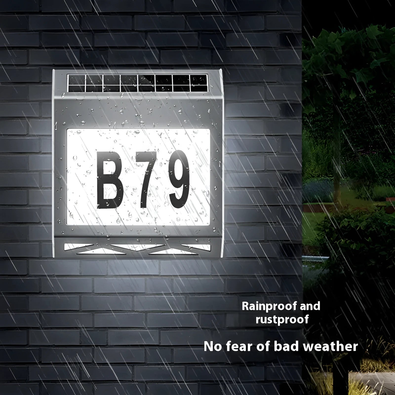 Solar powered doorplate light with LED indicator in black or silver finish, measuring 180x50x200mm