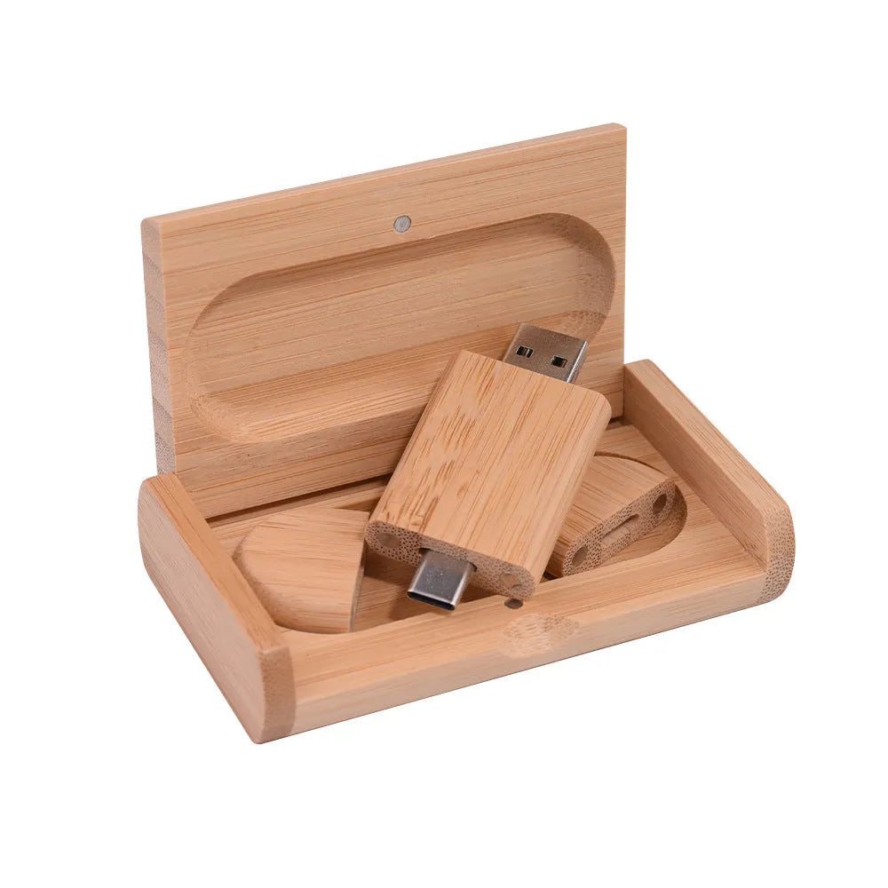 Carved wooden USB flash drive with phone ornament in various wood finishes