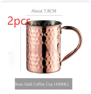 Stainless steel Moscow Mule cup with copper-plated finish in hammered and plain styles.