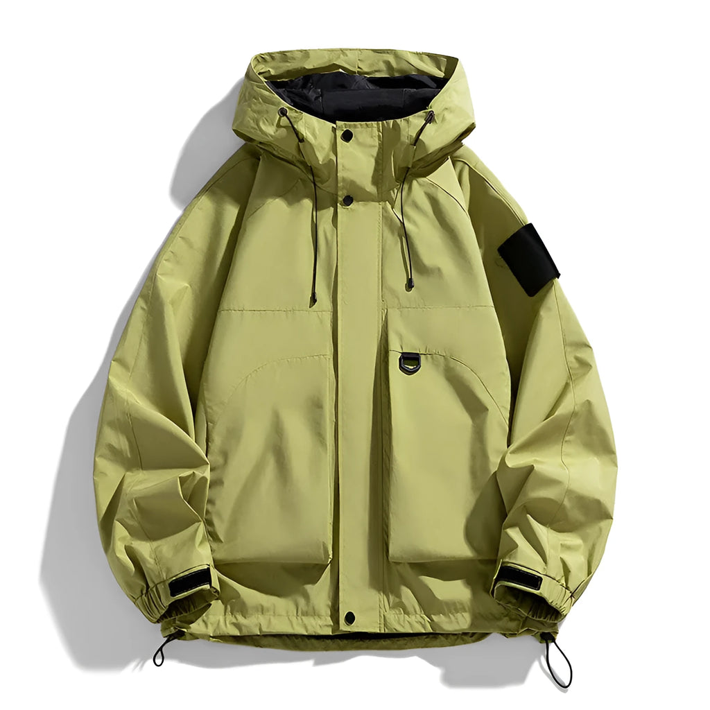 Men's black hooded windproof waterproof jacket, long sleeve regular length coat.