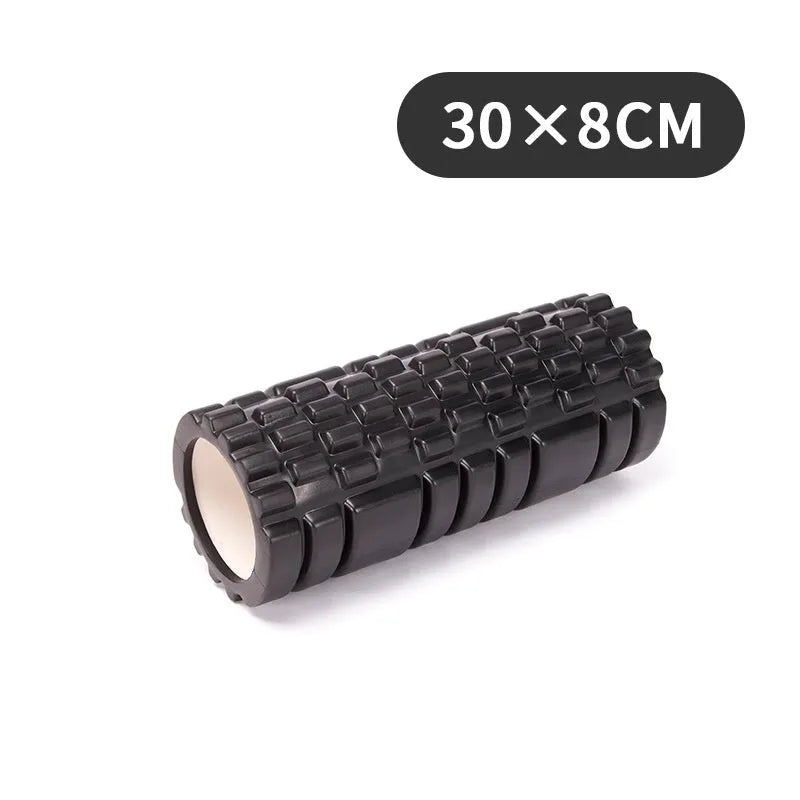 EVA foam roller for fitness in black, grey, pink, sky blue, or light purple, showing 30cm and 33cm size options.