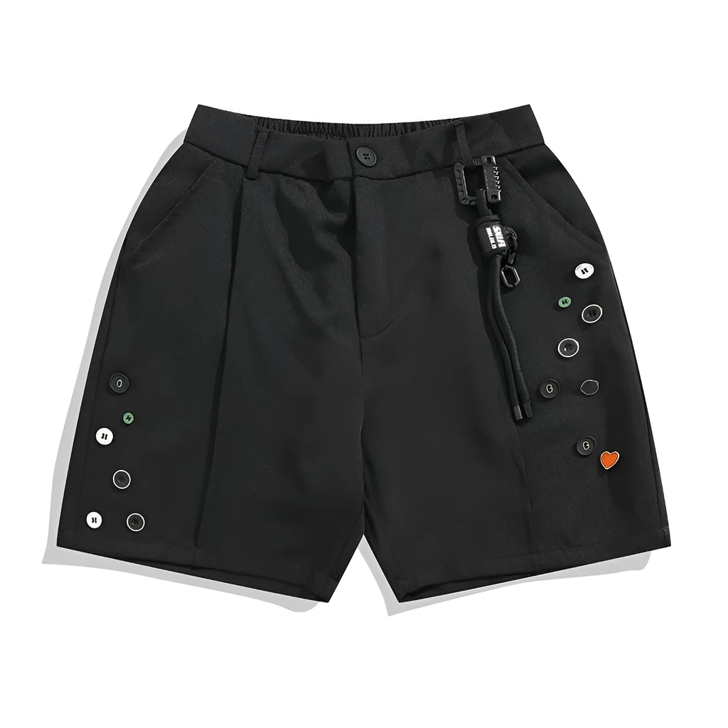 Men's black semi-elastic shorts with straight-leg loose fit and zip fly closure