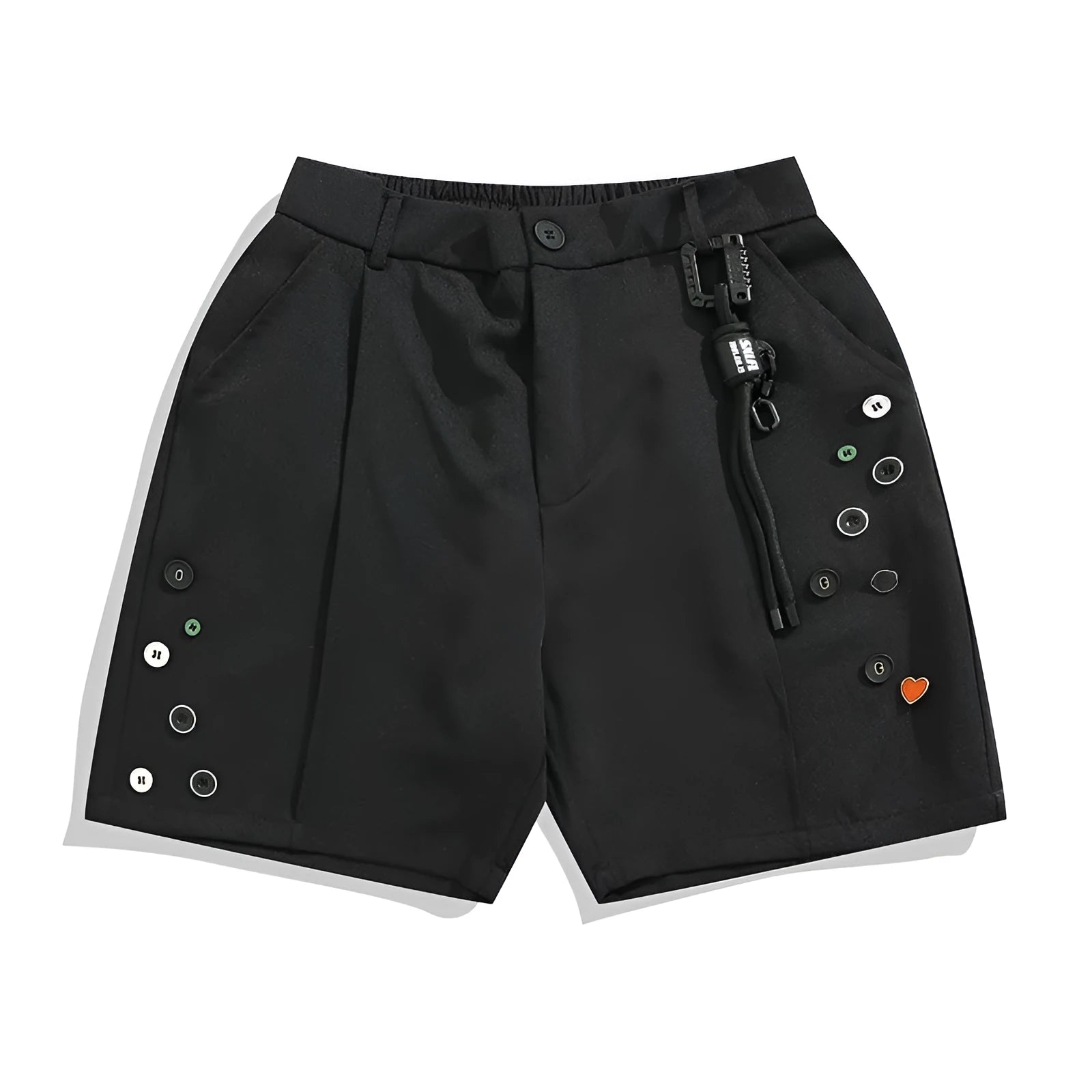 Men's black semi-elastic shorts with straight-leg loose fit and zip fly closure