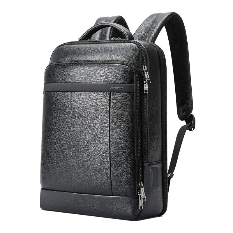 Black genuine leather business backpack with USB port and curved shoulder straps