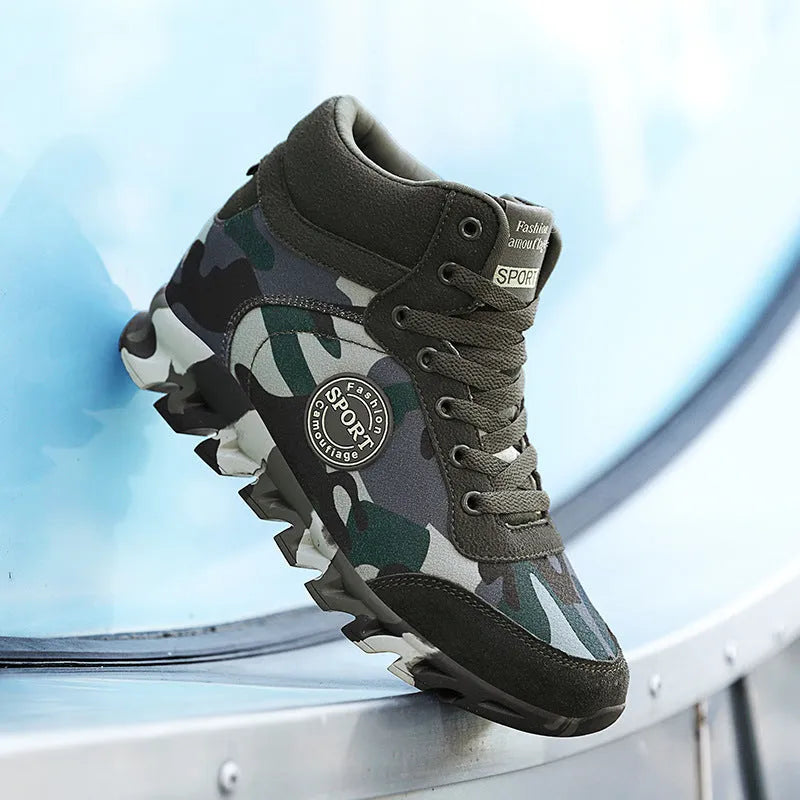 Green camouflage pattern women's canvas sneakers with rubber sole on a white background.