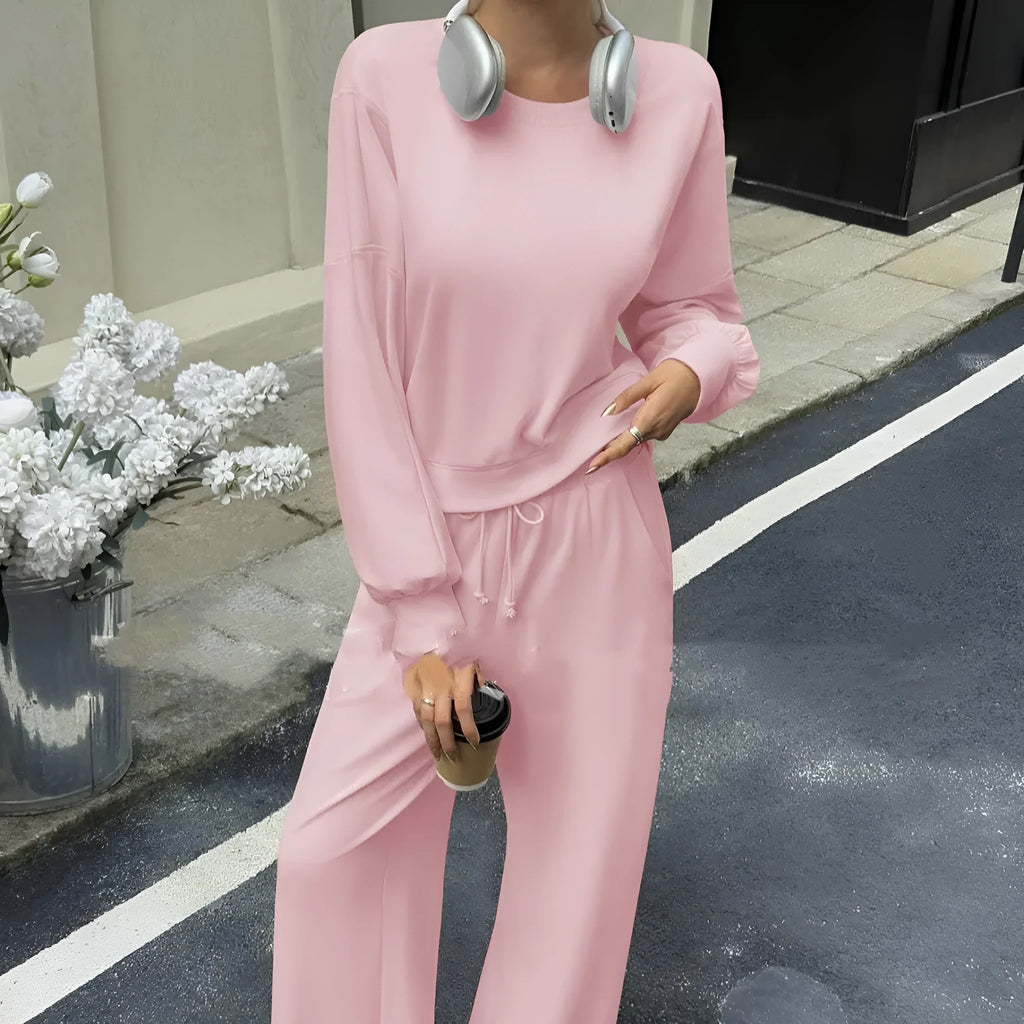 Women's solid colour polyester trousers set with long sleeves in street hipster style