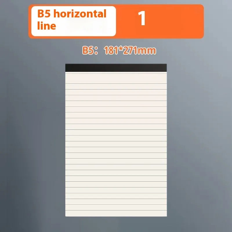 Set of A5, B5 and A4 writing pads with blank, grid and lined paper options showing tearable pages