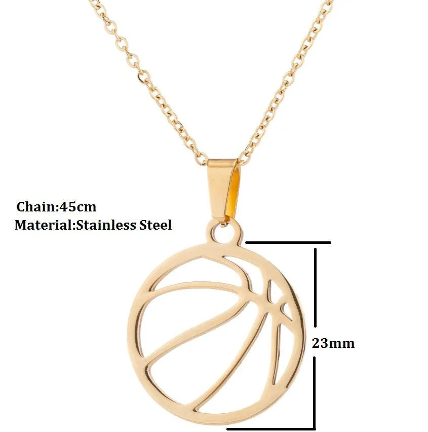 Gold stainless steel volleyball pendant necklace on display with chain and 3cm extender