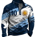 Men's loose fit retro printed golf t-shirt with stripe pattern and zipper decorations on long sleeves