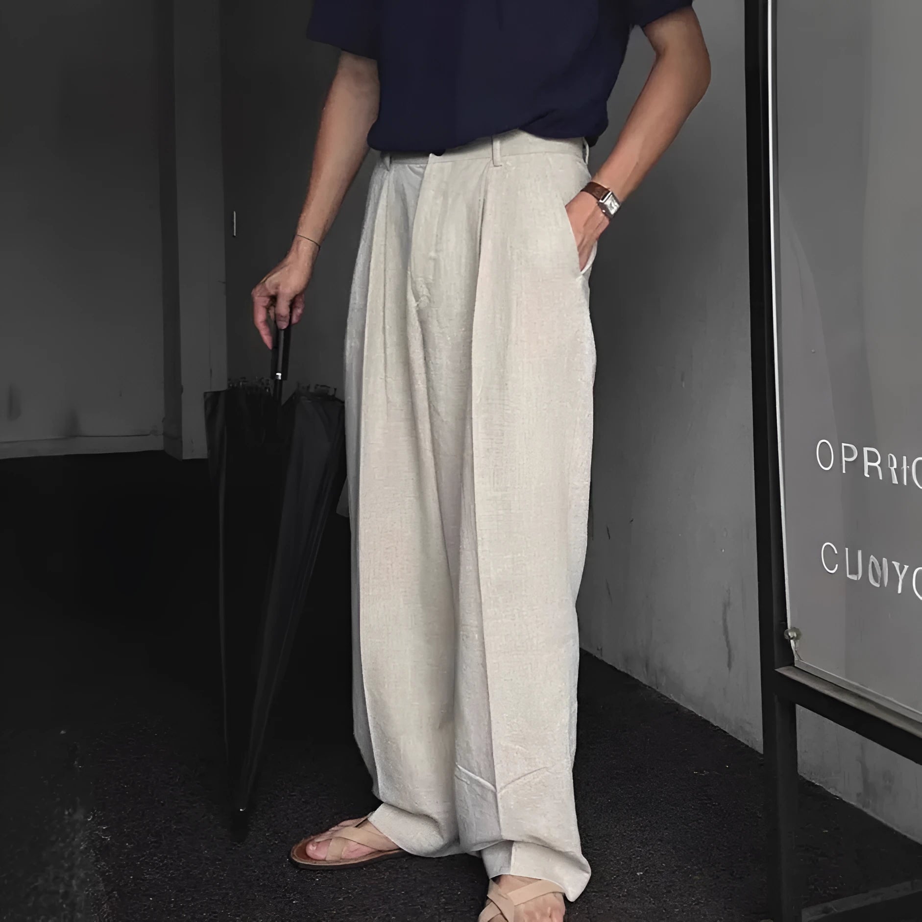 Men's cotton linen suit trousers in apricot colour with micro-elastic fabric and pencil pants leg opening