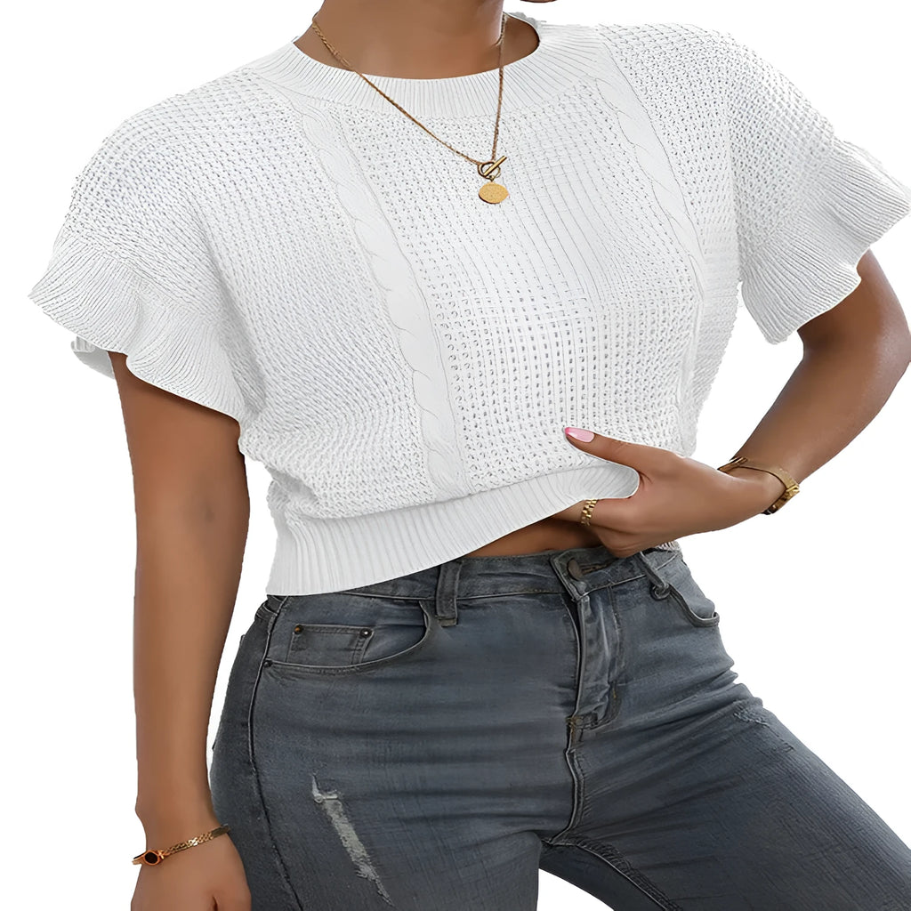 White knitted pullover sweater with ruffled short sleeves created from twisted string, shown in a loose fit.