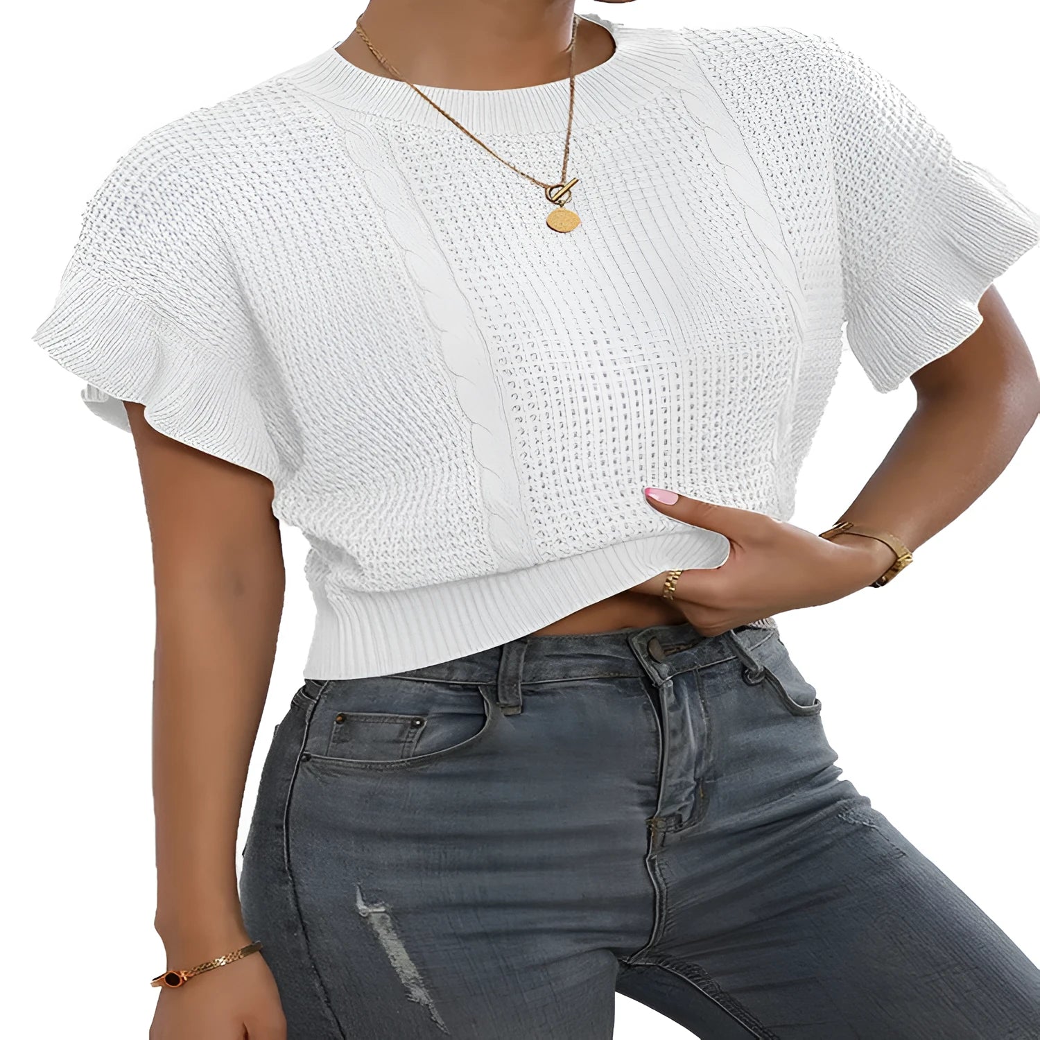 White knitted pullover sweater with ruffled short sleeves created from twisted string, shown in a loose fit.