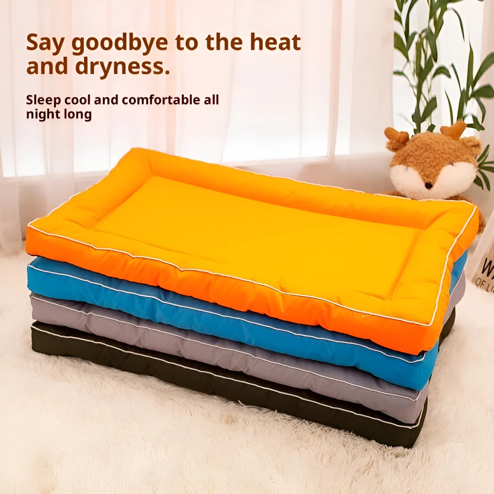 Breathable Oxford cloth kennel pad for dogs in orange, blue, gray, and dark green, available in sizes S to XXL