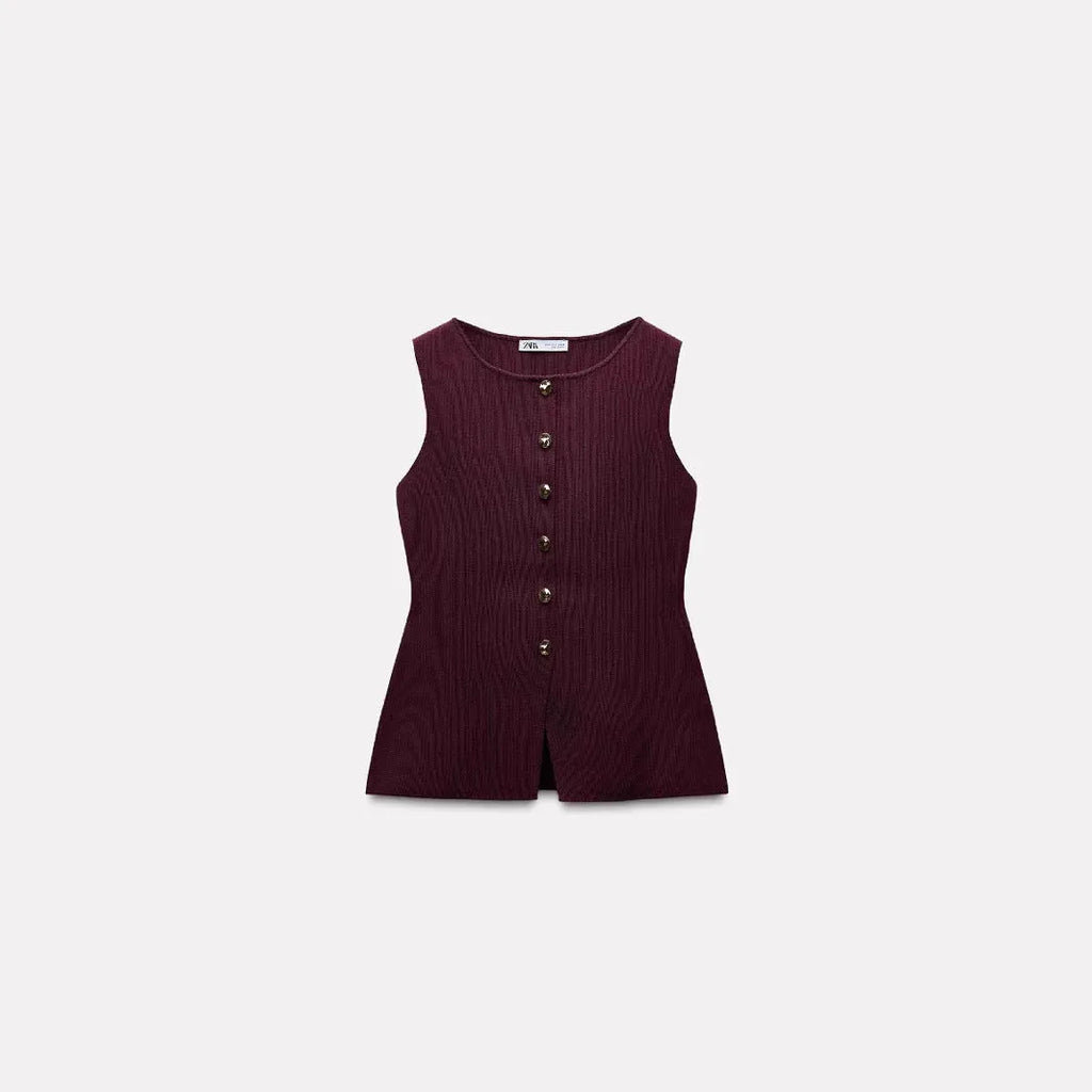 Dark red and white plain gold button sweater vest sleeveless viscose cardigan