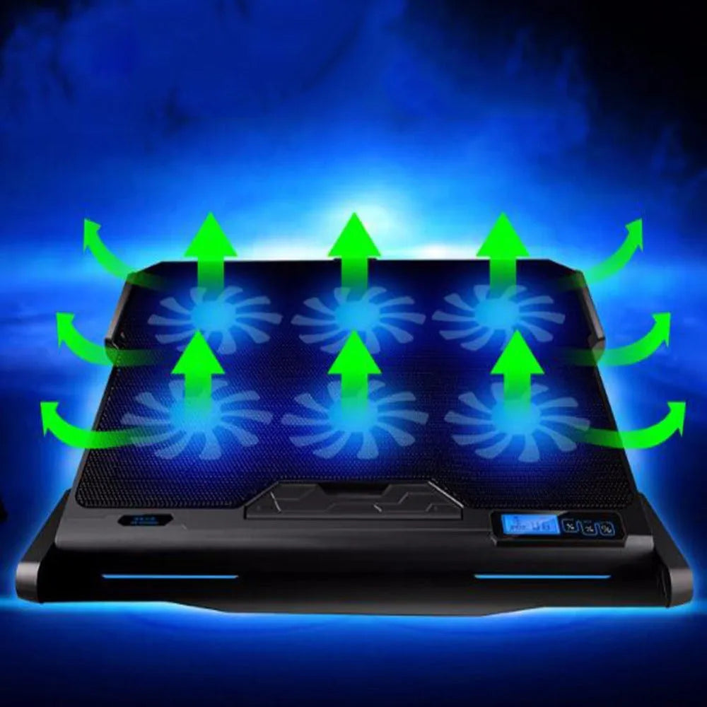 Metal mesh laptop cooling board with LCD display showing speed settings