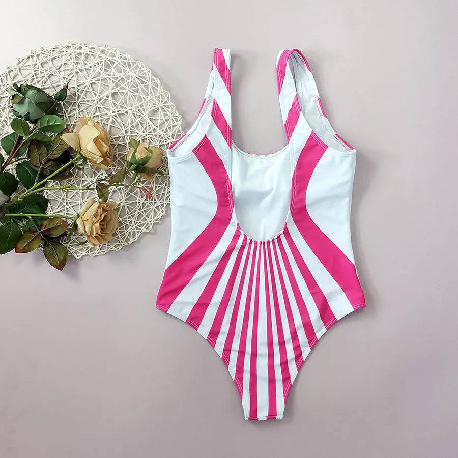 Pink and white striped one-piece swimsuit for women with digital printing on front and back.