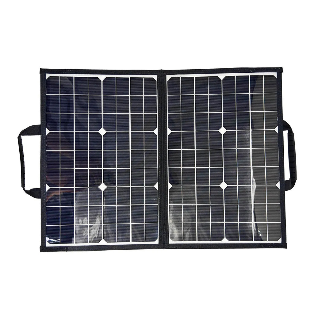 Black 40W monocrystalline solar panel in folded bag design showing compact 425mm by 285mm dimensions