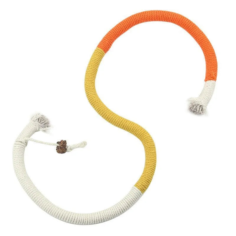 Bite-resistant cat teaser toy with a long cotton string and a catnip stuffy attached, showing purple, orange, and green colour options.