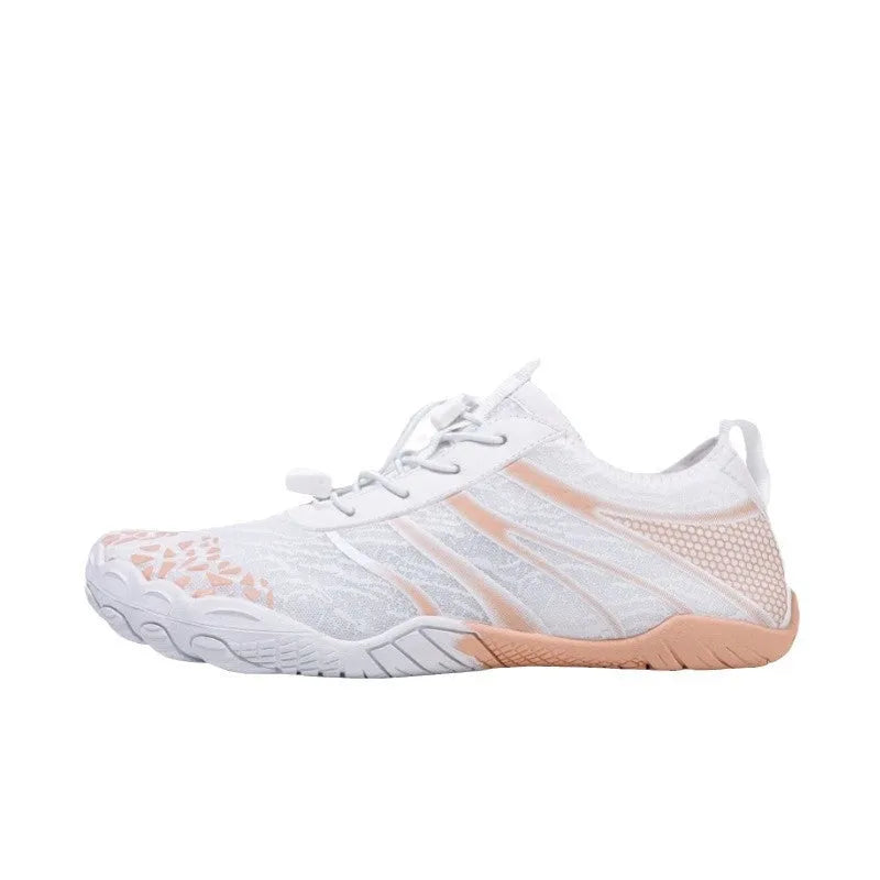 Casual running shoes with Lycra stretch fabric upper for beach and upstream sports, shown in neutral colours.