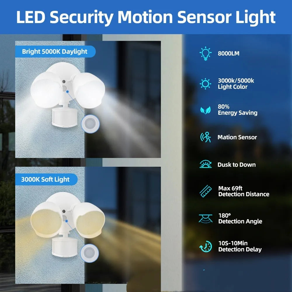 White LED security flood light with motion sensor for outdoor courtyard and garage lighting