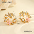 Colourful diamond flower stud earrings with stainless steel construction and gold electroplated finish