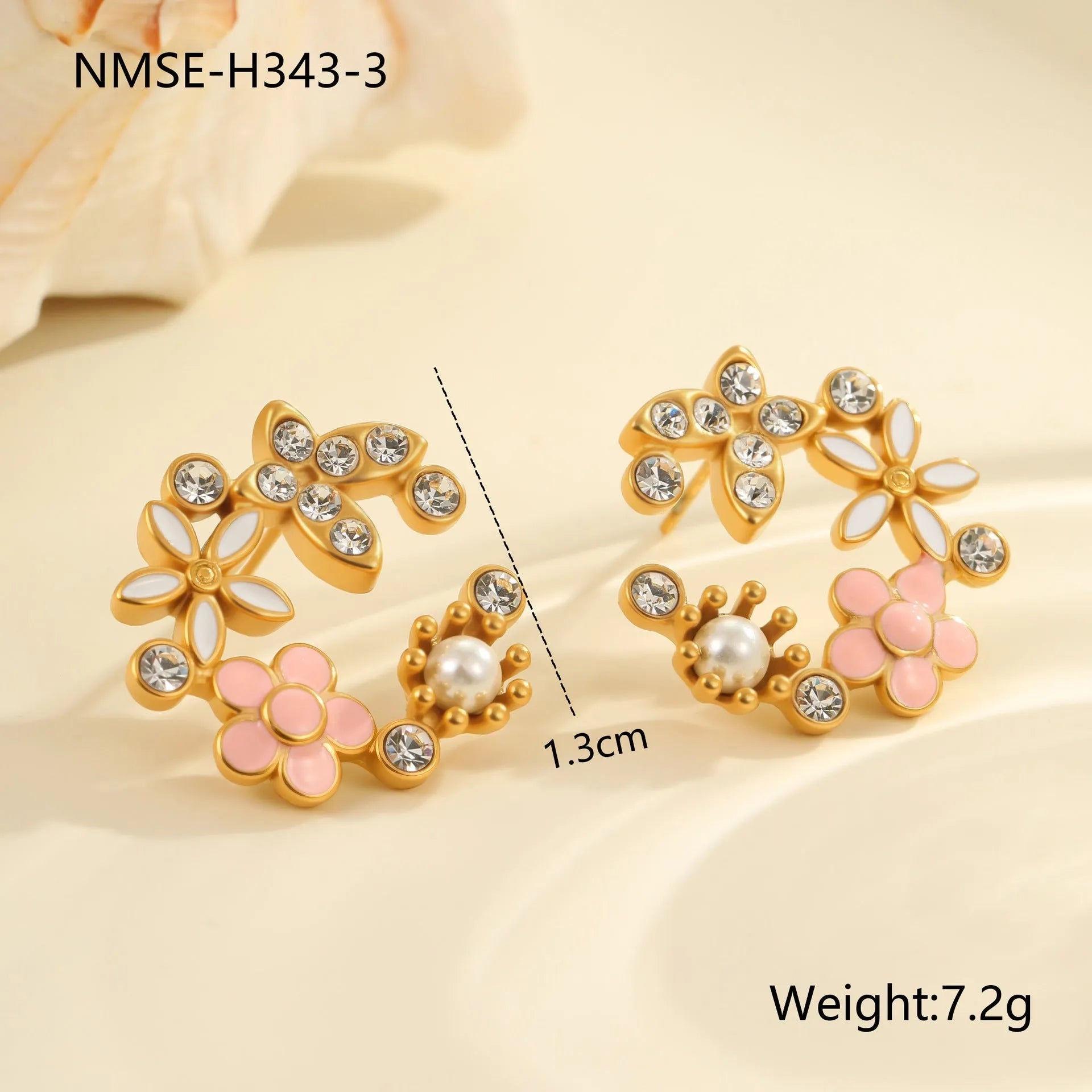 Colourful diamond flower stud earrings with stainless steel construction and gold electroplated finish