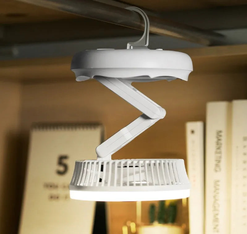 Blue or grey foldable USB fan with LED light showing desk and wall mounting options