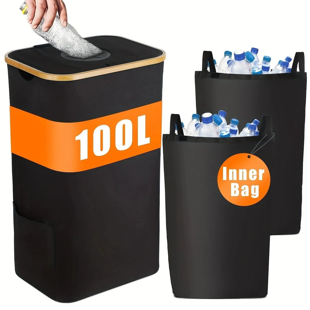 Black bamboo laundry basket with lid, removable recycling compartment, ventilation holes, and double inner pockets