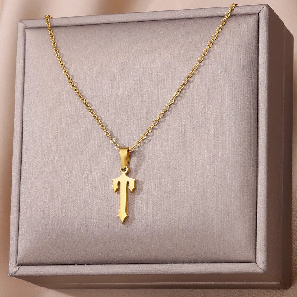 Gold stainless steel ancient English letter pendant necklace with O-ring chain on white background