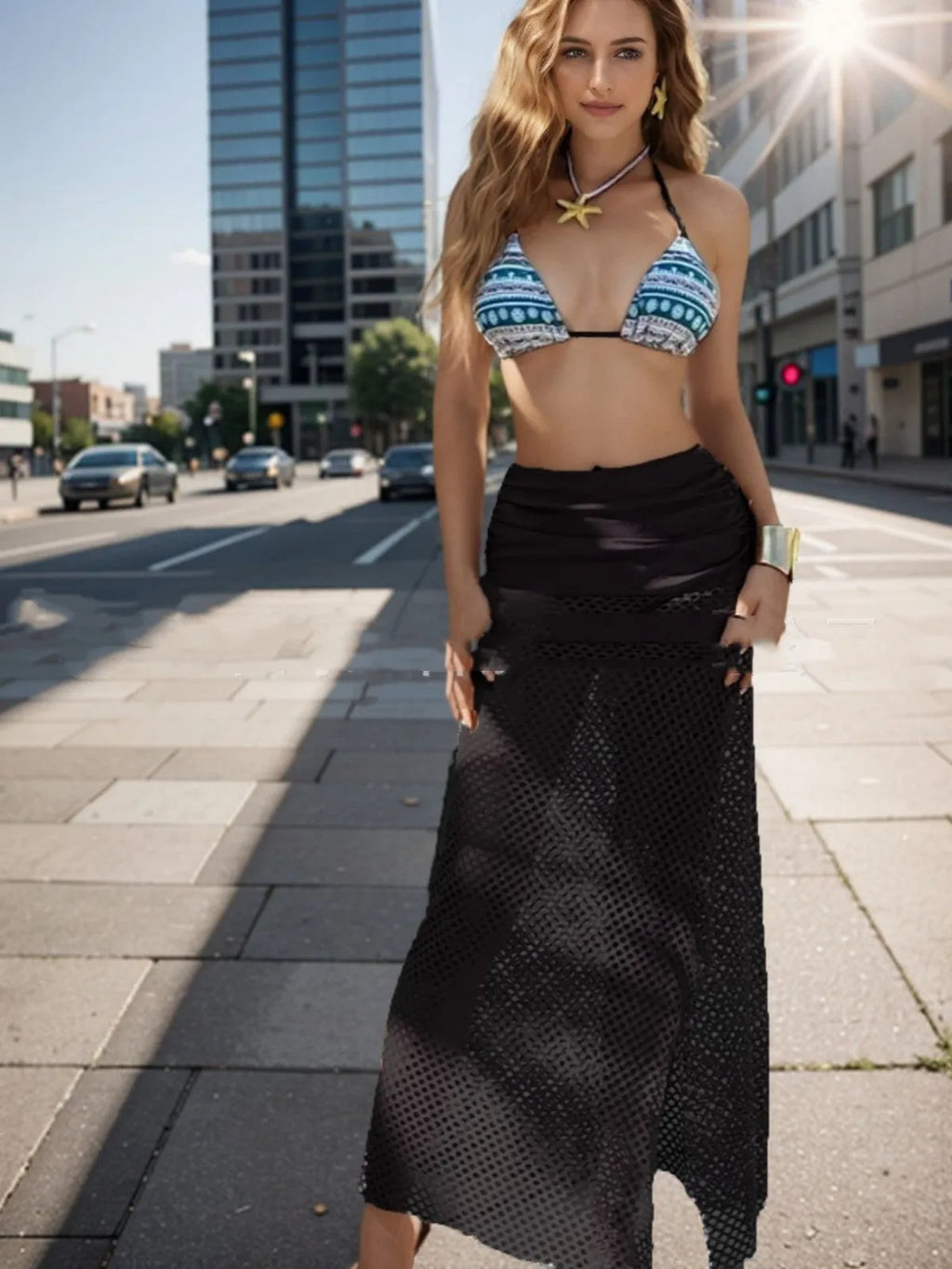 Women's brown, rose pink, and black bikini set with fishnet long skirt, three-piece swimwear