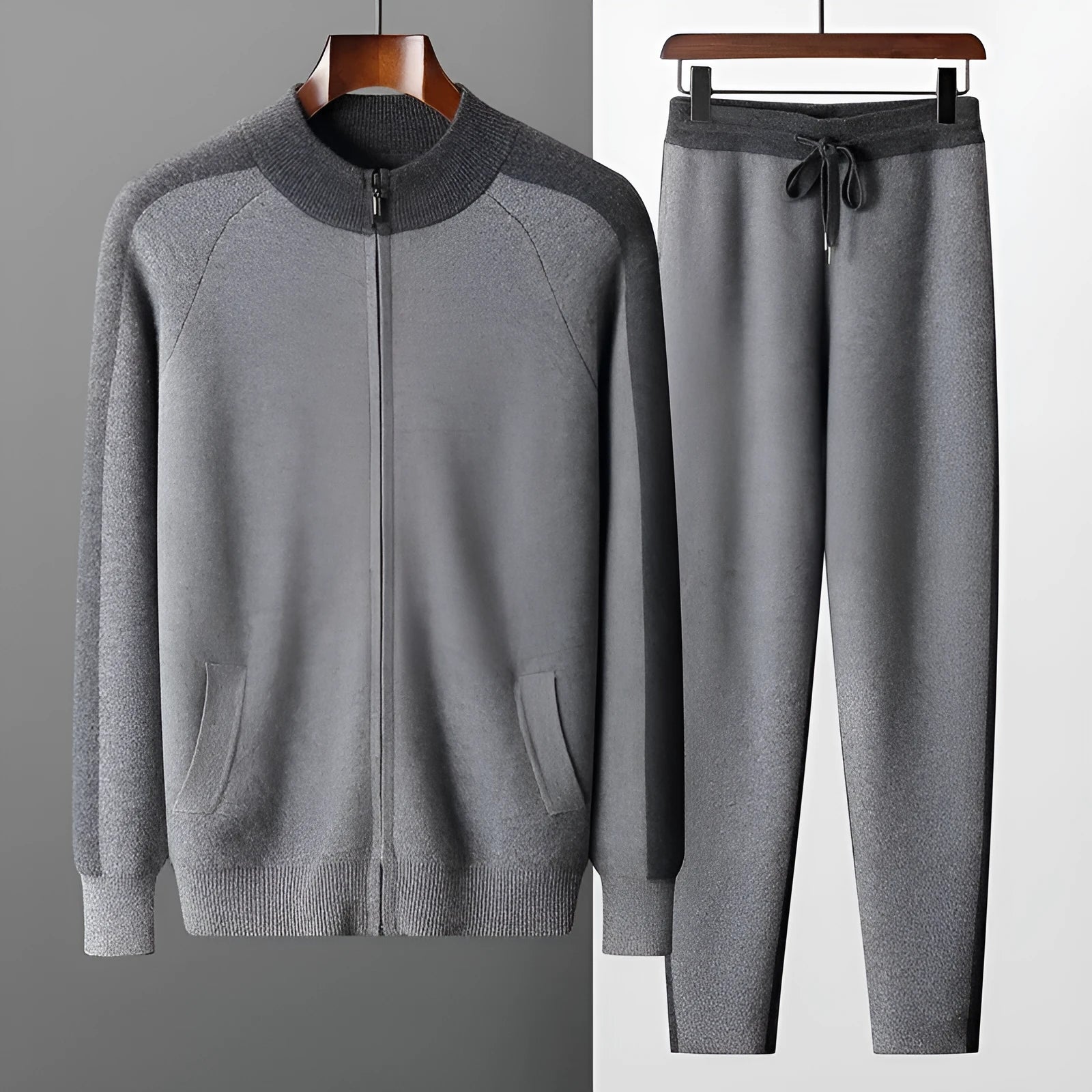 Men's camel coloured cashmere wool blend knitted cardigan suit with half turtleneck zip-up top and matching trousers