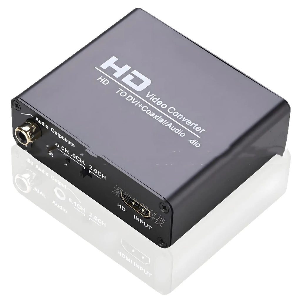 Black HDMI to DVI converter with coaxial audio output and 1.5 metre cables