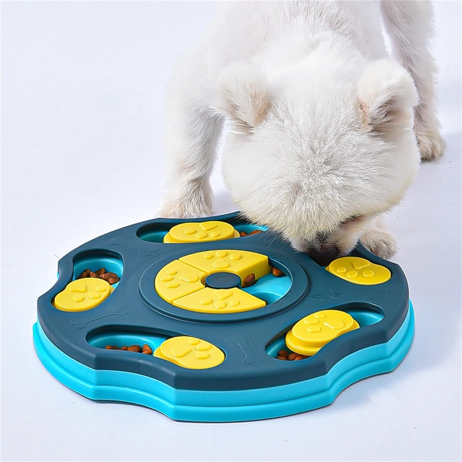 Blue dog puzzle feeder toy with interactive food searching design for aggressive chewers