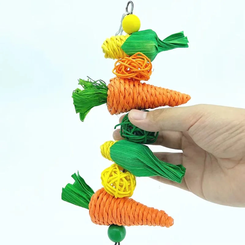 Parrot hanging chew toy with hook attachment for bird cage, featuring perch and climbing design